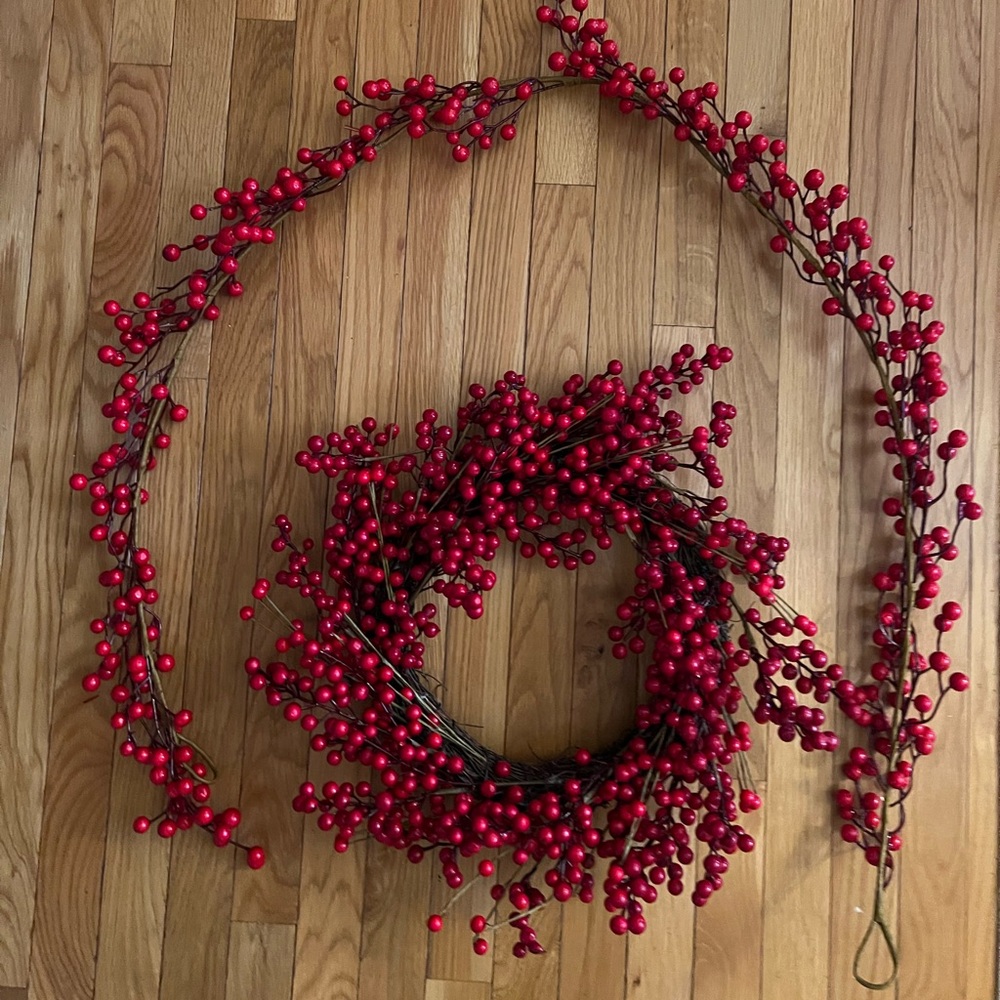 Festive Red faux Berry Garland and Wreath Set